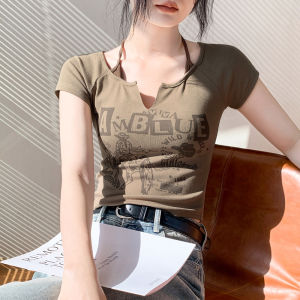GEBEISHANG | Korean Style Off-Shoulder Half-Open Neck Letter Print Short Sleeve T-Shirt for Women