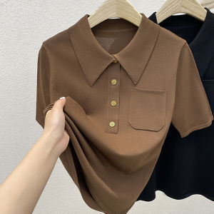 plus Size Womens Clothing Polo Collar Ice Silk Short Sleeve T-shirt Womens Summer Thin Loose Western Style Slimming Polo Collar Top