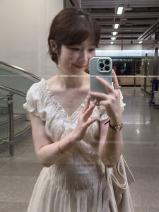 HUAYILING | French Sweet V-neck Lace Dress Womens Summer New Waist-cinching Slimming Beautiful Short Princess Skirt Polyester Cotton Blend