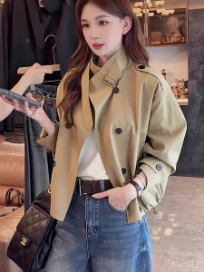 Petite Womens Khaki Short Jacket for Spring and Autumn Stylish Stand Collar Design