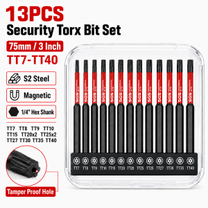 13PCS 75mm Security Torx Screwdriver Bit Set TT7-TT40 Tamper Proof Star Bits S2 Steel Magnetic Impact Driver Bits 1/4 Inch Hex Shank with Storage Case