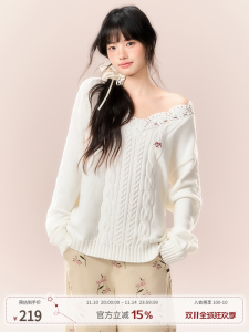 เสื้อสเวตเตอร์คอวีแขนยาวสีขาวลายผูกปมสำหรับผู้หญิง ทรงหลวม ปกโปโล ฤดูใบไม้ผลิและฤดูใบไม้ร่วง