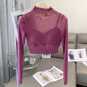 Pilates Training Outfit Long Sleeve Mesh Sports Bra with Chest Pad Yoga Running Quick Dry Fitness Top Womens Tight Fit Nylon