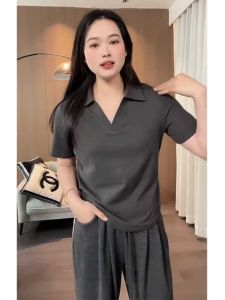 plus Size Polo Neck Short Sleeve T-Shirt Women Summer Slimming Hide Belly Versatile Stand Collar Top Korean Style Straight Cut