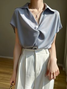 French Style V-Neck Short Sleeve Acetate Satin Polo Shirt Versatile Commute Professional Womens Loose Fit Regular Length