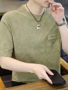 HENGYUANXIANG | Hengyuanxiang Mens Short Sleeve T-Shirt Summer New Style Burnt Hole Round Neck Pocket Fashion Cotton Polyester Blend Breathable