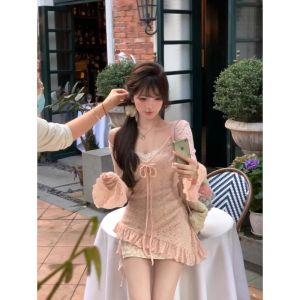 Bộ Váy Hai Mảnh Họa Tiết Hoa Ngọt Ngào Cho Nữ Mùa Xuân Mới Váy Midi Cổ Chữ V Dài Tay Không Tay Áo Khoác Ngoài