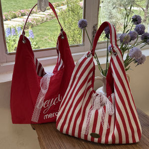 Large Capacity Striped Shoulder Fashion Womens Bag Simple Lazy Tote Commuter Versatile Casual Canvas Bag Double-sided