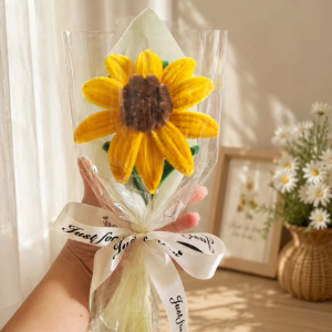 Ready-to-Gift Chenille Flower Bouquet in Various Colors with Gold Ribbon Wrapping for Festivals
