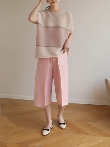 Miyake คร็อปแพนท์ลำลองอเนกประสงค์แฟชั่นสไตล์เกาหลีมีจีบ pants