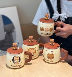 Cute Bear Ceramic Mugs with Lid Spoon for Office Coffee Couples Water Cups Gifts Home Use 301mL-400mL Capacity Cartoon Style