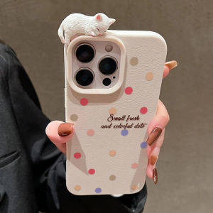 Candy Color Dot With Cute 3D Cat Case For iPhone 17 Case 16 11 17 12 13 14 15 Pro Max 17 Air 16 Plus Lychee Pattern Cover Funda