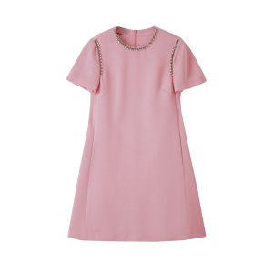 OBBagliato Spring 2025 Womens Pink Rhinestone Three-acetate round Neck Dress Elegant Commute Style Midi A-line Skirt Dress