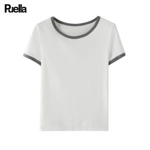 Womens Slim Fit Round Neck Short Sleeve Contrast Color T-Shirt