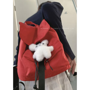 Trendy Red Canvas Backpack Large Capacity Shoulder Bag for Women Casual Style Double Zipper Soft Fabric No Pockets Youth Size