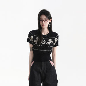 zuocisankon | American Retro Jacquard Knit Top