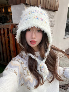Hand-Crocheted White Color Dots Woolen Cap Children 2024 New Winter Furry Heattech Make Face Look Smaller Knitted Earflaps Cap