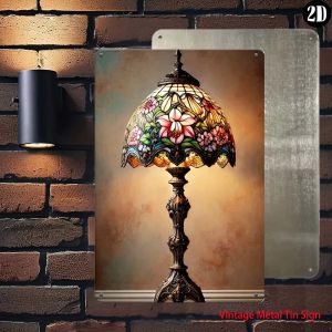 HelloYoung | Vintage Floral Tiffany Lamp Design Metal Sign Retro Stained Glass Lamp Art Print Wall Decor for Living Room Bedroom 2D Flat