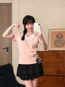 Chic Lace Trim round Neck Short Sleeve Womens T-shirt Sweet Butterfly Knot Slimming Short Length Top Korean Style Cotton Blend