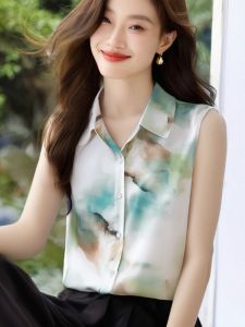 เสื้อเชิ้ตแขนกุดคอโปโลพิมพ์ลายหมึกน้ำสำหรับผู้หญิงในช่วงฤดูร้อนปี 2025 เสื้อกั๊กทรงหลวมสบาย ๆ สไตล์ลำลอง