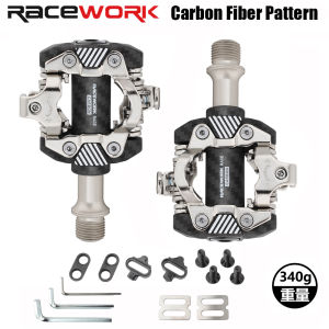 RACEWORK MTB Pedal Clipess Carbon Fiber Pattern Ultrallight Mountain Bike Pedals Bicycle Dual Platform Footboard For SPD
