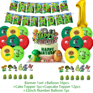Potdemiel | P&Plants vs.Zombies Game P-PVZ Birthday Party Decoration Cake Top Cover Digital Balloon Plate Tableware Background Toys Banner