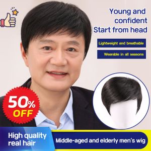 Naturallooking Wig for Middleaged Men Men Wig Human Hair Short Handsome Natural Styling Full Hand-Weaved Non-Traceable Mens Wigs男士短发假发