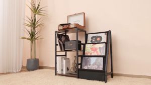 3-Tier Floor-standing Storage Rack Record Stand with Storage Wood Turntable Stand with Now Playing Holder Vinyl Storage for 200 Albums Large-capacity Multifunctional End Table for Music Room Living Room Bedroom