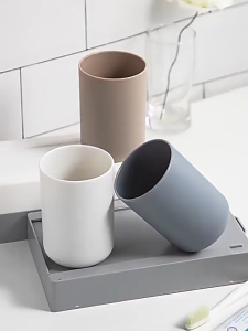 MINIMA Japanese Style Bathroom Non-slip Toothbrush Holder Cup - White and Gray - Wooden Shelf - Secure Grip - Fast Shipping - Authentic Product - Local Seller