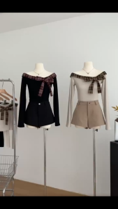 Áo thun dài tay hở vai họa tiết kẻ caro nữ tính thon gọn trẻ trung có nơ hoàn hảo để mặc