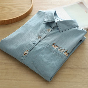 Spring Autumn Loose Fit Long Sleeve Cat Embroidery Pocket Denim Shirt Womens Outerwear Sweet Style Japanese Style Polo Collar