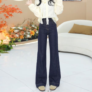 กางเกงยีนส์ทรงตรงสีน้ำเงินเดนิมสำหรับผู้หญิง ทรงเข้ารูป ทรงสลิม ทรงยาวถึงพื้น ทรงเอวสูง ทรงลำลอง ฤดูใบไม้ผลิ 2025