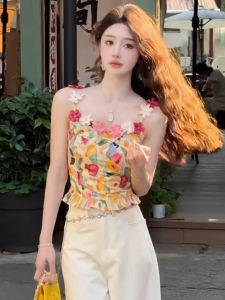 chaqi | เสื้อกั๊กสายเดี่ยวลายดอกไม้สไตล์ฝรั่งเศสสำหรับผู้หญิงในช่วงฤดูร้อน เสื้อคลุมกันหนาวแบบสวมหัวแขนกุดคอวี ทรงปกติ