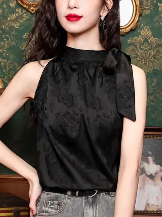 Acetate%20Satin%20Sleeveless%20Shirt%20Women's%20Fancy%20Inner%20Wear%20Shoelace%20Halterneck%20Vest%20Summer%20New%20Arrival%20off-the-Shoulder%20Small%20Top%20-%20Image%202