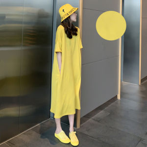 Pure Cotton T-Shirt Dress Women Summer Loose plus Size Knee-Length Casual Slimming Long Skirt Korean Style round Neck Dress