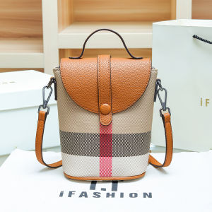 Hong Kong Genuine Leather Phone Bag Womens Crossbody Mini Checkered Bag Fashionable High-End Feelings Bucket Shape Handbag