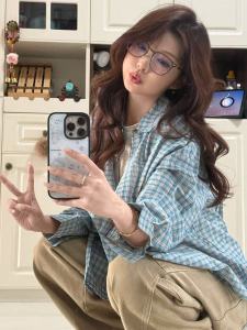 Early Autumn Thin Plaid Shirt Loose Couple Style Long Sleeve Outerwear Lazy Fashion Sunscreen Coat Trendy Womens Blouse
