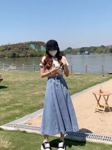 Blue retro A-line skirt long denim skirt elastic high waist Korean style elegant fashionable Midi Plus size