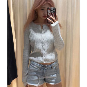 Womens Knitted Long Sleeve round Neck Cardigan Pure Color Cotton Yarn Twist Sweater Short Length Sweet Style Autumn Top