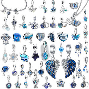 New Blue Series Charms Fit Original Silver 925 Bracelets Necklaces Ocean Animal Star Wings Pendant Jewelry Enamel Fashion Gift