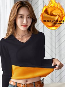 Womens Fleece Lined V-Neck Thickened Formal Shirt Slim Fit Heat Generating T-Shirt Casual Style Printed Polyester Fiber