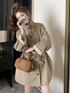 Khaki Korean Style Belted Casual Slimming Windbreaker Womens New Fashion Mid-Length Jacket Autumn Season Online Exclusive