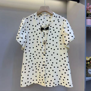 เสื้อยืดแขนสั้นหลวมๆ ทรงหลวมๆ สำหรับผู้หญิงไซส์ใหญ่ ทรงหลวมๆ แขนสั้น คอตั้ง ลายจุด ทรงหลวมๆ สำหรับใส่ไปทำงาน