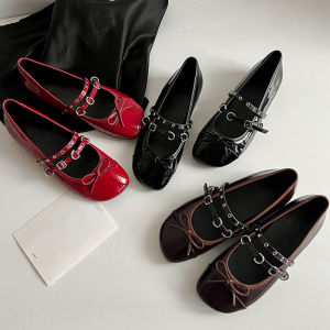 round Head Butterfly Knot Mary Jane Womens Shoes Leather Version 2025 New Style Casual Slip-On Single Shoes with Heightening Design