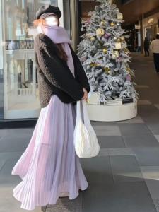 Slimming Large Size High Waist A-Line Midi Skirt for Women Pear Shape Body Korean Style Commute Folded Hem Long Skirt