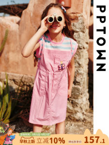 Girls Summer Thin Stripe Short Sleeve Overalls Dress Childrens Clothing Pink Strap Dress Casual Style Kids Fashion Dress