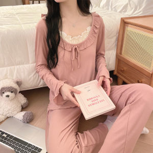 Womens Modal Sleepwear Long Sleeve Home Clothes Set with Chest Pad Spring Autumn Casual Pure Color Comfortable Nightgown