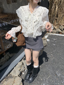 French Style Polka Dot Long Sleeve Womens Shirt Spring Autumn 2025 Elegant Hemline Breathable Comfortable Fashion Top