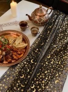 Ramadan Table Runner Islamic Moon Star Decorative Tablecloth Gold Black White Blue Sheer Fabric Muslim Home Festival Party Decor