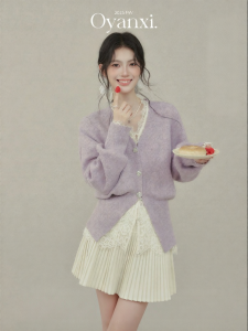 OUYANGXI | Áo Sweater cổ V màu tím thời trang